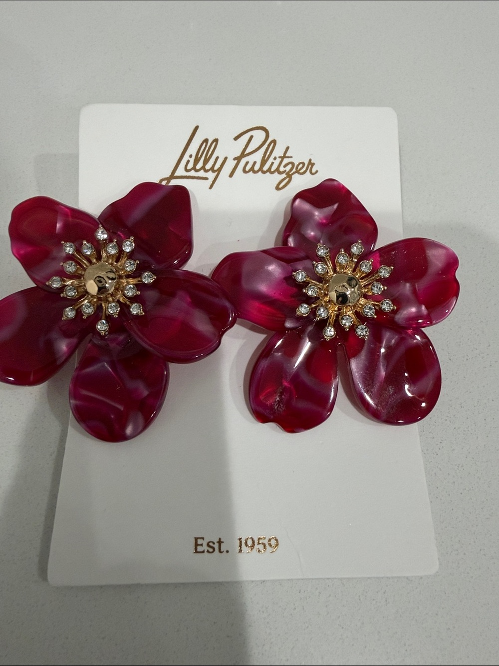 Lilly Pulitzer Fuchsia Marbled Flower Hair Clips with Gold & Crystal Centers